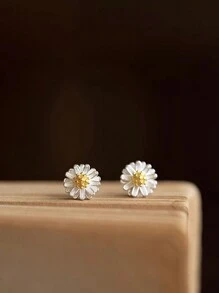 1 pieza Pendientes de botón de margarita mini de plata de ley 925 exquisitos para mujer, pendientes con flor personalizada y linda con cierre de rosca, regalo de San Valentín - Plateado - Ver 7
