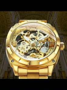 FORSINING 1pc Men Luxury Retro Gold Square Transparent Skeleton Automatic Mechanical Watches Luminous Hands Stainless Steel Strap Business Casual Men Watch Festival Birthday Gifts