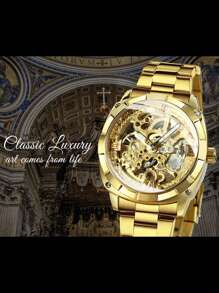 FORSINING 1pc Men Luxury Retro Gold Square Transparent Skeleton Automatic Mechanical Watches Luminous Hands Stainless Steel Strap Business Casual Men Watch Festival Birthday Gifts