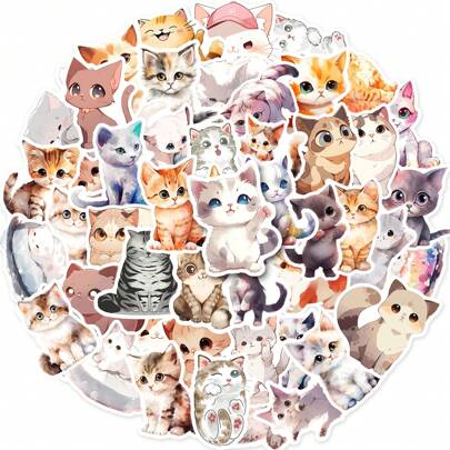 50pcs Cartoon Cat Watercolor Stickers, Animal Theme, Journal, Water Bottle, Computer, Luggage, Scrapbook, Vinyl, Aesthetic, Cute Sticker Sheets