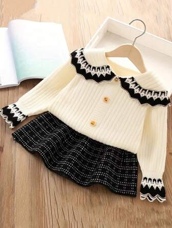 Young Girl Knitwear 2pcs Button Up Cardigan & Skirt, Warm Preppy Style Sets Kids Clothes For Fall Winter