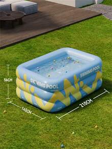 1pc Colorful Striped Triple Ring Thickened Inflatable Swimming Pool, Foldable And Suitable For Home Outdoor Use - Vibrant Blue - View 3