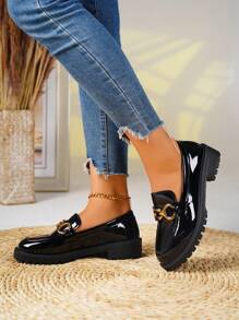 Spring New British Style Slip-On Loafers, Fashion Patent Leather Chunky Heel Soft Sole Comfort Flat Shoes For Women