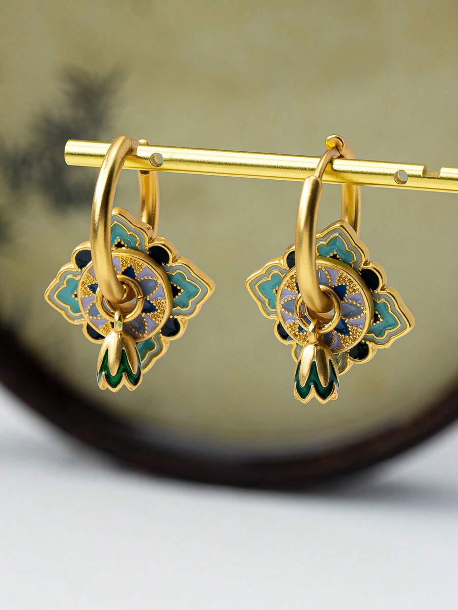 1对铜合金马卡龙系列彩色珐琅四叶草和几何图案耳环，时尚百搭女士耳环，可自由组合DIY耳环，母亲节和圣诞节礼物 - 藍蓮蓬款 - 查看 1