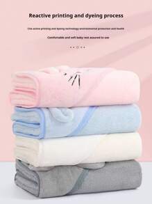 1入組嬰兒灰色熊耳刺繡圖案帶兜帽浴巾，可作毛毯使用