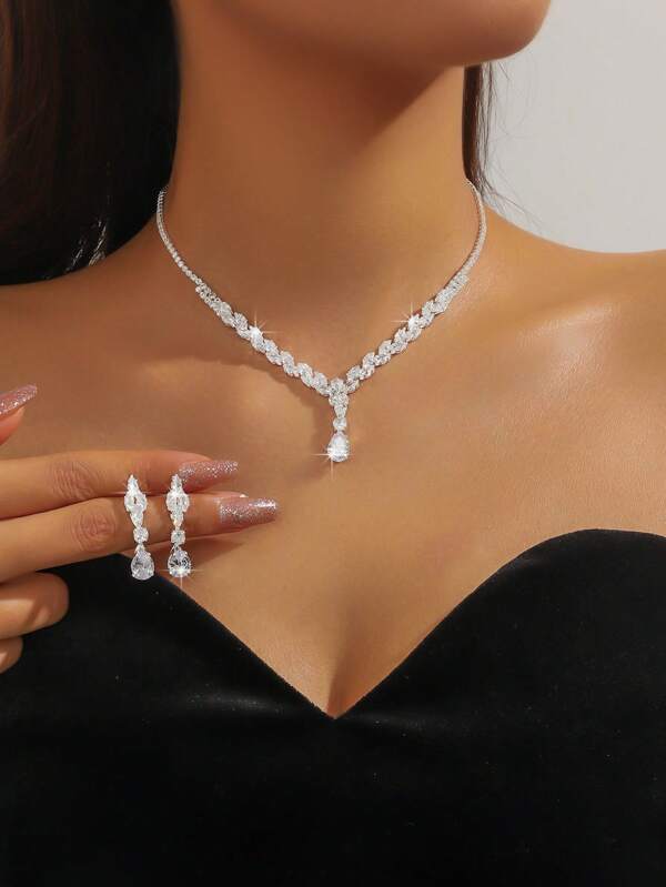 3pcs Exquisite High-End Cubic Zirconia Inlaid Necklace And Earrings Set, Versatile Style For Women's Daily Wear, Wedding, Party, Festival, Vacation Gift