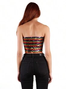 Womens Shiny Sequin Party Cropped Strapless Bandeau Stretch Tube Top - Multicolor - View 2