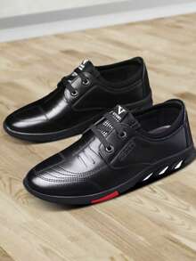 Los hombres de color sólido de moda casual zapatos formales, puntera en punta de encaje hasta mocasines de estilo simple, adecuado para el trabajo los desplazamientos, citas, fiestas, bodas, recepciones, desgaste con trajes. - Negro - Ver 2