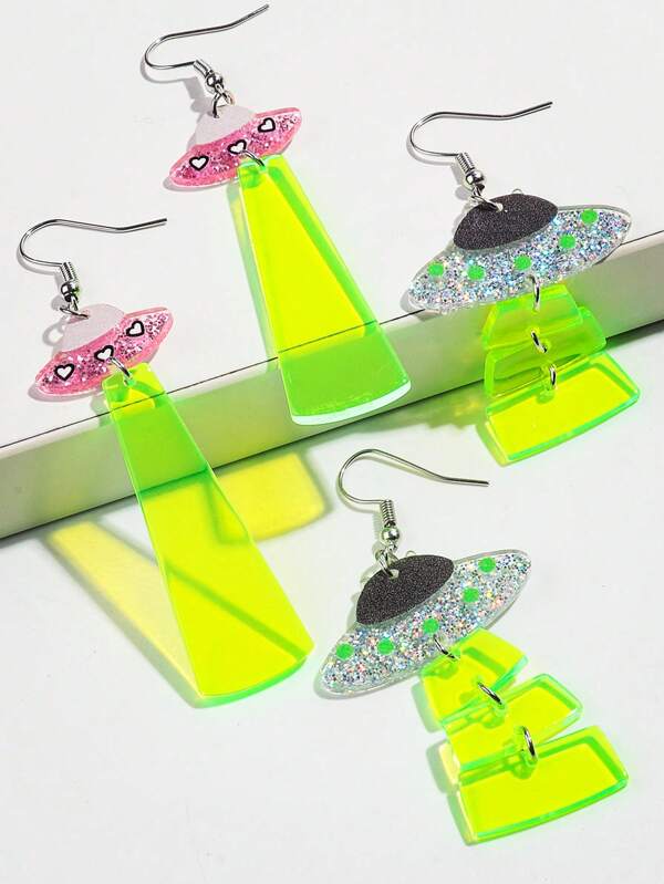 1pair Fashionable Fluorescent Transparent Acrylic UFO Pendant Earrings, Cute And Quirky, Suitable For Women's Daily Wear