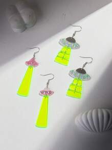 1 par de pendientes colgantes UFO de acrílico transparente fluorescente y de moda, lindos y extravagantes, adecuados para uso diario de mujeres - amarillo fluorescente - Ver 4