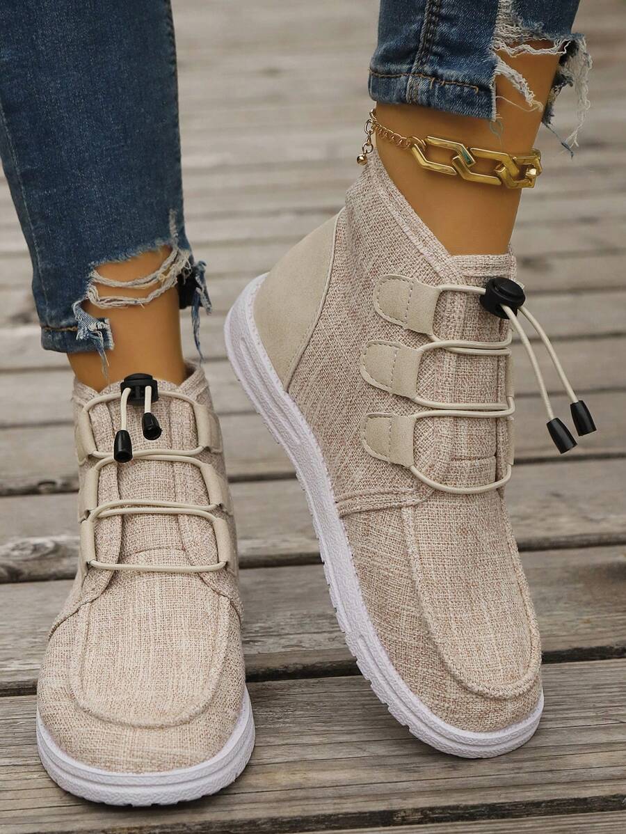 Women's Soft Lightweight Ankle Boots, Breathable Casual High-Top Shoes For Spring And Autumn, Versatile Ladies' Athletic Shoes, Round-Toe Slip-On Solid Color Canvas Sneakers - Beige - View 1