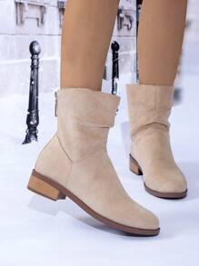 Pile Of Boots Women Knight Boots Retro Suede Thick Heel Pointed Toe Autumn New Ruched Mid-Tube Boots Autumn - Khaki - View 3