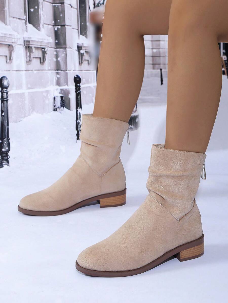 Pile Of Boots Women Knight Boots Retro Suede Thick Heel Pointed Toe Autumn New Ruched Mid-Tube Boots Autumn - Khaki - View 1