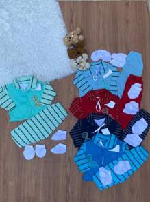 Kit 4 conjuntos pagão menino desenho Dinossauro 20 peças bebê recém-nascido moda infantil promoção - Multicolorido - Visão 2