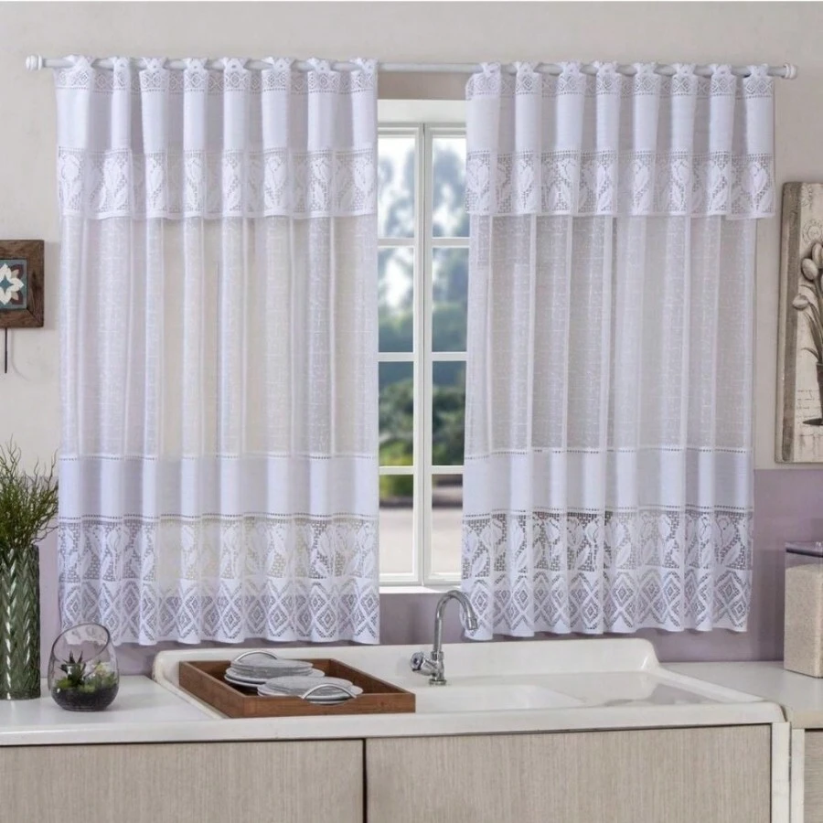 White Tulip Lace Kitchen Curtain With 40cm Band, 2.20m Width And 1.20m Height. Beautiful And Practical! - 白色 - 查看 1