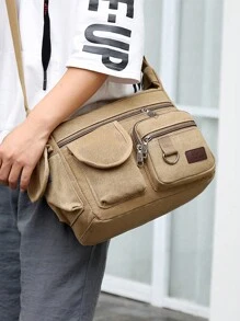 1 件卡其色帆布单肩包大容量多层邮差包学生旅行单肩包斜挎包大学学校单肩包轻便多功能爸爸大学包新生多功能宿舍感恩节礼物侧包腰包手提包礼物露营单肩包返校春假男士包包学校用品钱包 - 卡其色 - 查看 5