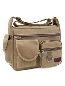 1 件卡其色帆布单肩包大容量多层邮差包学生旅行单肩包斜挎包大学学校单肩包轻便多功能爸爸大学包新生多功能宿舍感恩节礼物侧包腰包手提包礼物露营单肩包返校春假男士包包学校用品钱包 - 卡其色 - 查看 8