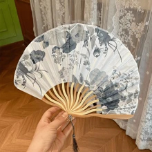 1 件中国风便携式折扇夏季高魅力便携式仿古凉扇旗袍汉服舞蹈布扇 - 灰色 - 查看 1