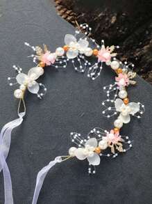 1pc Flower Girl Headpiece, Korean Princess Forest Style Floral Crown Headband, Suitable For Weddings, Parties, Formal Ceremonies, Pearl Flower Wreath Headband, Sweet European-Style Wedding Teen Headpiece. Valentine's Day Gift. - Multicolor - View 4