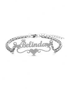 Customized Personalized Heart Shaped Crown Letter Couples Anklet, Sparkling Frosted Name Anklet For Men, 5mm Thick Link Chain, Bohemian Style Beach Jewelry Gift For Wife, Girlfriend Valentines