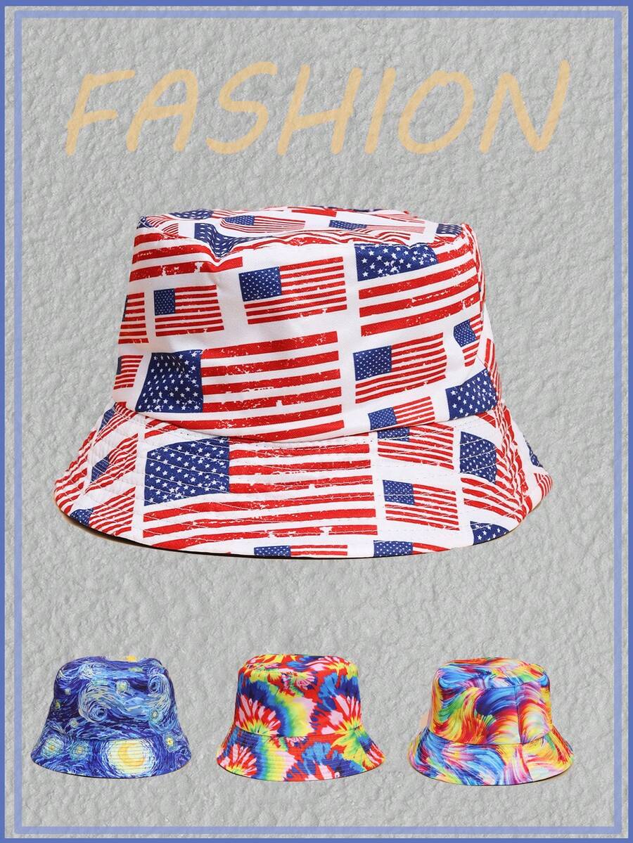 1pc American Flag Printed Fashionable Reversible Bucket Hat (Random Print Pattern) - Multicolor - View 1