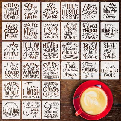 30pcs Inspirational Words Stencils, 4 Inch Motivational Quotes Stencils Reusable, Funny Quotes Saying Template For Painting On Wood Signs Wall Paper Furniture Home Decor Art Craft DIY Projects,Back To School,School Supplies