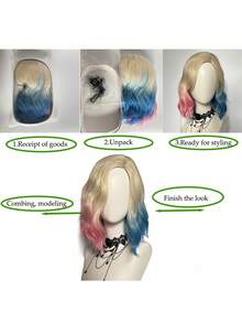 Natural Matte Dyed Clown Synthetic Wig Female Beige Gradient Blue Pink Left And Right Combination Water Wavy Short Hair Medium Length Side Part No Fringe Suitable For Everyday Wear Party Wig Cosplay Short Bob Wig - Two-Tone - View 11