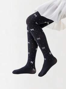 2pairs/Set Girls' Bowknot Leggings, Thin Toddler Pants With Printed Stars & Hearts Pattern