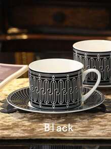 1 Set, Black & White Geometric Pattern Ceramic Coffee Cup & Saucer, Minimalist Art Deco Style, 250ml/8.5oz, Heat-Resistant Porcelain Tea Cup For Home Office Cafe, Aesthetic Kitchen Decor & Gift - A Black and White Line Ceramic Cup and Saucer Set - View 6