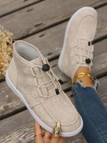 Women's Soft Lightweight Ankle Boots, Breathable Casual High-Top Shoes For Spring And Autumn, Versatile Ladies' Athletic Shoes, Round-Toe Slip-On Solid Color Canvas Sneakers - Beige - View 6