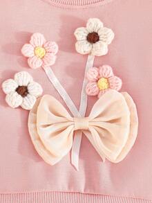 Conjunto de 2 piezas para bebé niña, sudadera con cuello redondo linda y sencilla con decoración de ramo de flores y pantalones de unicolor, para primavera y otoño - Rosa - Ver 4