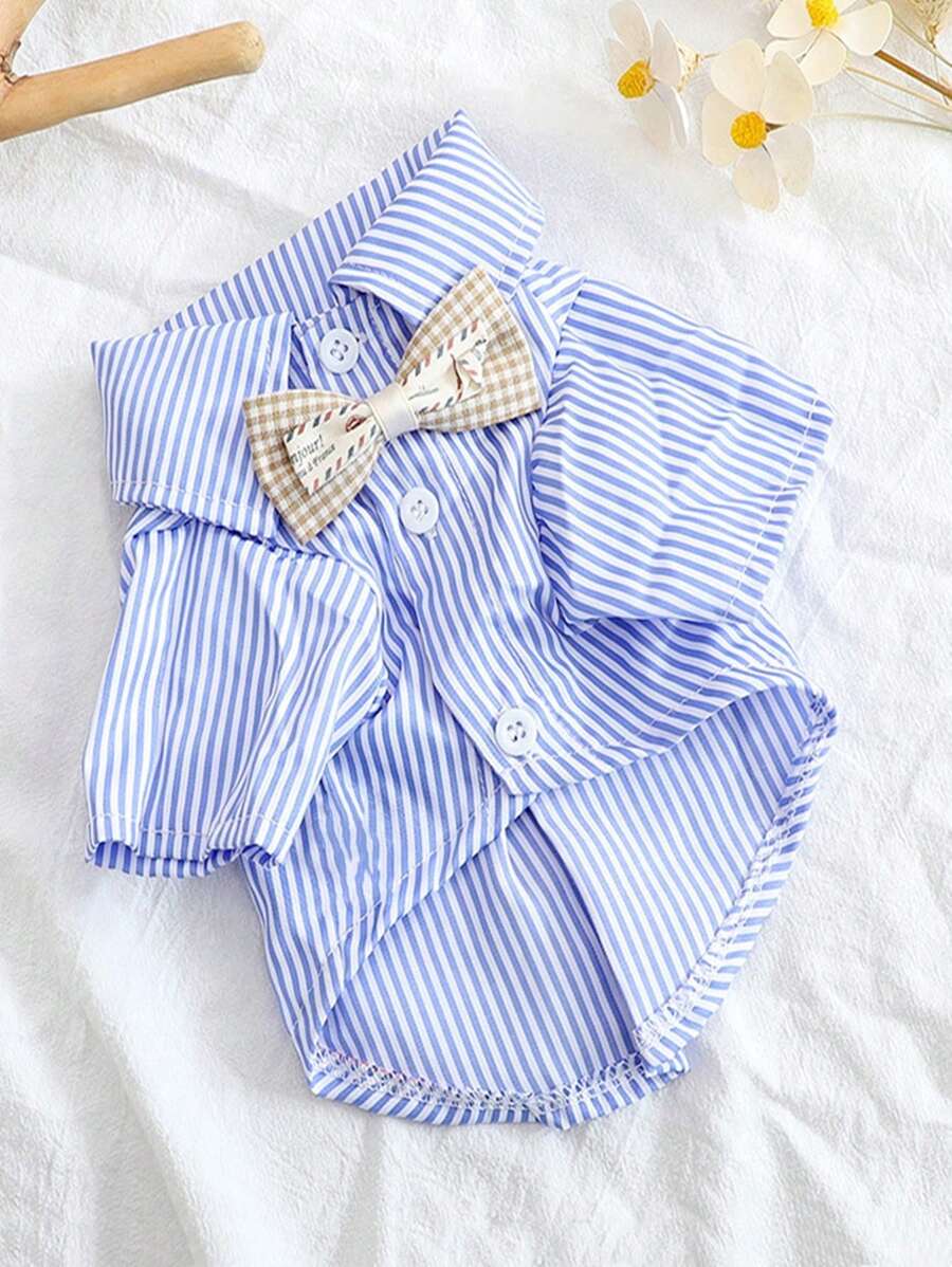 Tie Decor Striped Pet Shirt - Blue and White - View 1
