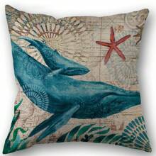 Ocean Creatures, Turtle Seahorse Whale Octopus Pillow Case Cover, Vintage Style Linen Material, 18*18 Inches Gifts Birthday Graduation - Navy Blue - View 6