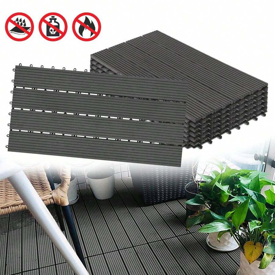 Anthracite/Brown 30x60cm Rectangular WPC Tiles Terrace Tiles Balcony Tiles Click Tiles In Wood Look Rainproof With Drainage, 1-2 M² Click System Flooring For Terrace Balcony 6/12 Pieces CEEDIR - Anthracite - View 1