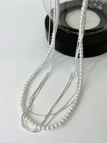 S925 Sterling Silver 5 Layers Necklace Silver Snake Bone Chain With Shell Pearls Beaded Collar Neck Chain Simple For Women Wedding Party, High-End, Niche Elegant, Light Luxury, Broken Silver 925 Clavicle Chain - Silver - View 3