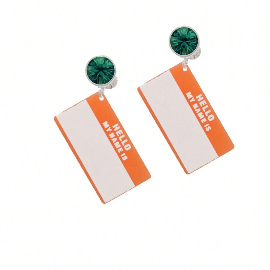 Delight Jewelry Acrylic Orange "Hello" Name Tag Crystal Clip On Earrings - kristal hijau - View 1