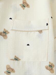 2 件套女士夏季睡衣套装，带泰迪熊印花，短袖纽扣衬衫和短裤，休闲家居服，两件套