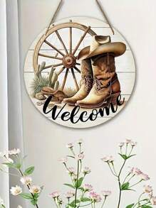 1 件/2 件 20x20 厘米圆形木质迎宾牛仔靴图案墙饰，家居装饰挂件，适用于卧室、客厅、走廊 - 棕色 - 查看 3