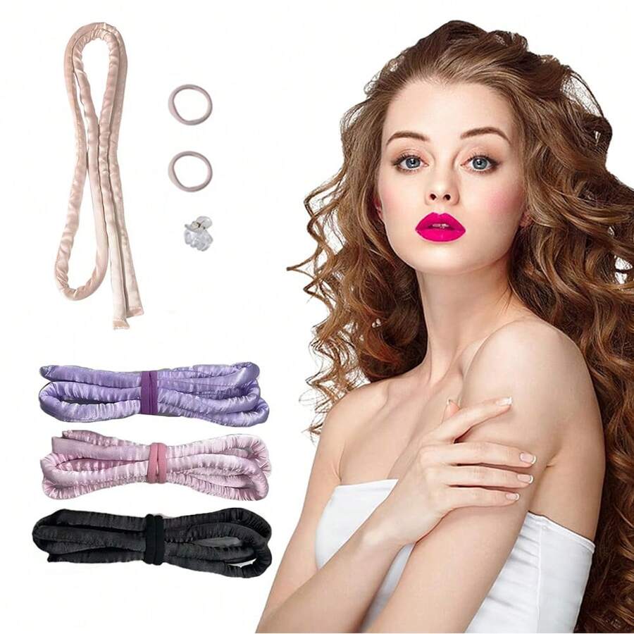 4 peças Grampo para Cachos sem Calor com Faixa de Cabelo de Seda Macia e Enrugada para Dormir, Ferramenta de Penteado