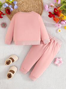 Conjunto de 2 piezas para bebé niña, sudadera con cuello redondo linda y sencilla con decoración de ramo de flores y pantalones de unicolor, para primavera y otoño - Rosa - Ver 2