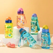 1pc 500ml Cute Cartoon Print Water Bottle With Straw For School Leak Proof & Easy Clean & Carry Handle, For Outdoor, Camping