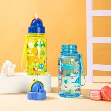 1pc 500ml Cute Cartoon Print Water Bottle With Straw For School Leak Proof & Easy Clean & Carry Handle, For Outdoor, Camping