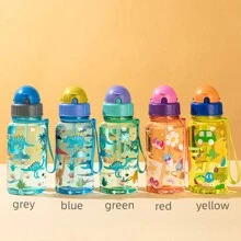 1pc 500ml Cute Cartoon Print Water Bottle With Straw For School Leak Proof & Easy Clean & Carry Handle, For Outdoor, Camping