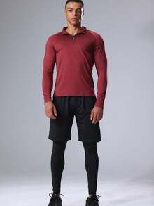 Bộ 3 quần bó, áo sơ mi và quần dài tay có khóa kéo nửa thân kiểu bạn trai dành cho nam, đồ thể thao chạy bộ - Màu Đỏ Sâu - Xem 2