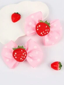 2 件装粉色草莓发饰，适合女孩，可爱圆点图案，罗缎丝带蝴蝶结发夹，草莓刺绣贴片，水果鳄鱼夹，适合所有季节，女孩装扮，儿童发饰，爱情人节 - 彩色 - 查看 2