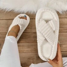 新款女士交叉絨面平底馬騰拖鞋，厚底時尚拖鞋，適用於家居 - 白色 - 查看 2