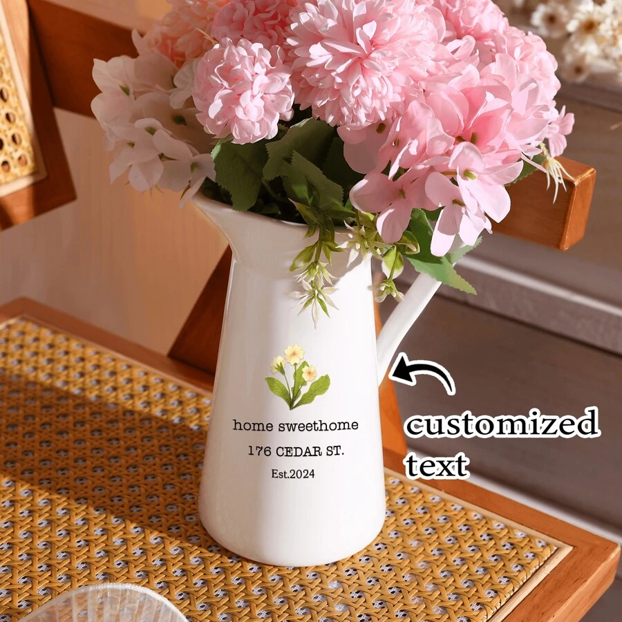 Customizable Text & Floral Pattern Vase, Perfect Gift For Anniversary, Housewarming, Can Be Used For Flower Arrangement Or Decor, Suitable For Birthday, Graduation, Home Decor, Back To School, Study Supplies - White - View 1