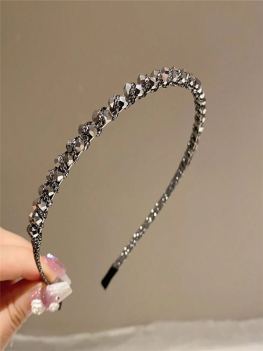 Gorgeous Retro Solid Color Thin Headband For Women, Simple Crystal Rhinestone Twisted Hair Hoop, Fashionable Hair Accessory - Silver - View 1