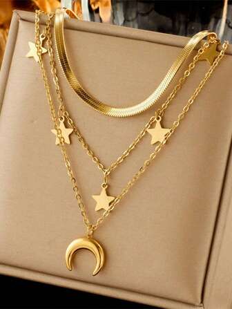 Biokia 3 Pcs/Set Stainless Steel Necklace With Star And Moon Pendant, Suitable For Daily Wear