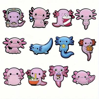 12pcs Animal Salamander PVC Shoe Charms, Cute Cartoon Axolotl Shoes Decorations, Shoe Accessories, Ideal Choice For Gift